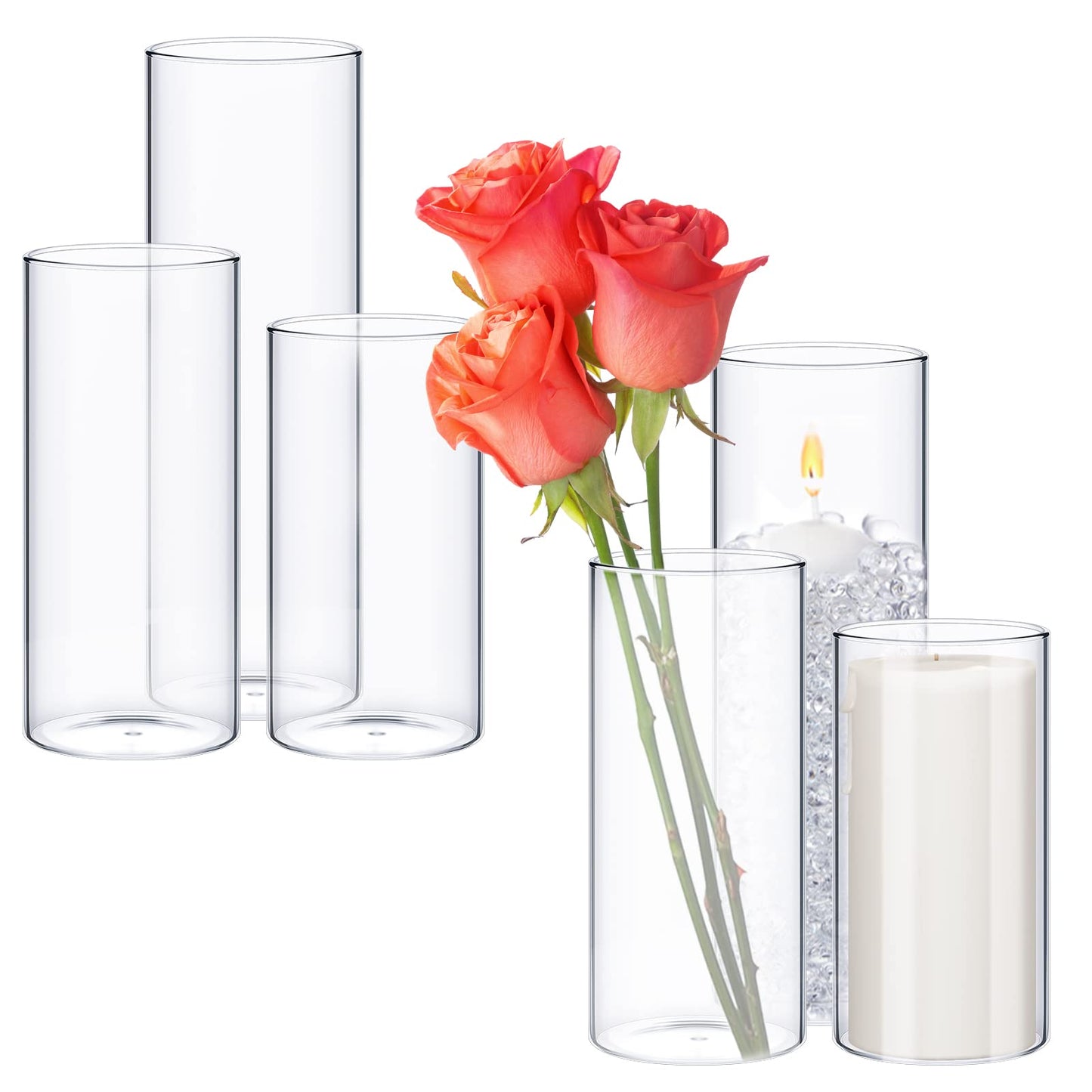 Didaey 6 Pcs Thin Cylinder Vases Set for Centerpieces 2.5'' Diameter 2mm Thickness Clear Glass Vase Hurricane Floating Candle Holder for Wedding Table Decoration (2.5'' X 5'',6'',8'')