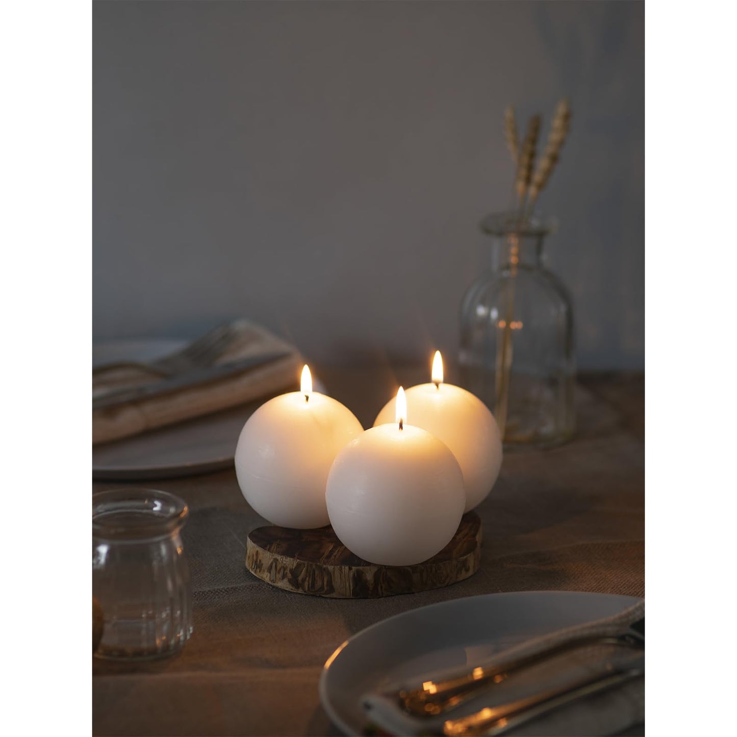 CANDWAX Set of 3 Round Candles Ball 3 inch - Snowball Spheres - Perfect as Wedding Decorations and as Spheres for Home Decor - Unscented Smokeless Dripless Long Burning White Candles