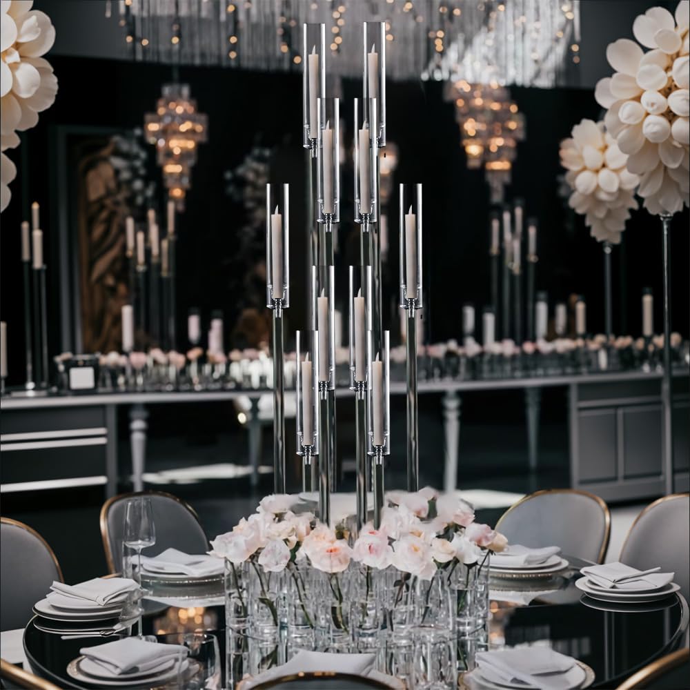 4 Sets 10 Arms Acrylic Candelabra Wedding Centerpiece,33.7Inches Floor Clear Candlesticks Holder with Acrylic Shade for Baby Shower Event Dinner Party Decoration(Fit 0.8Led Candles)
