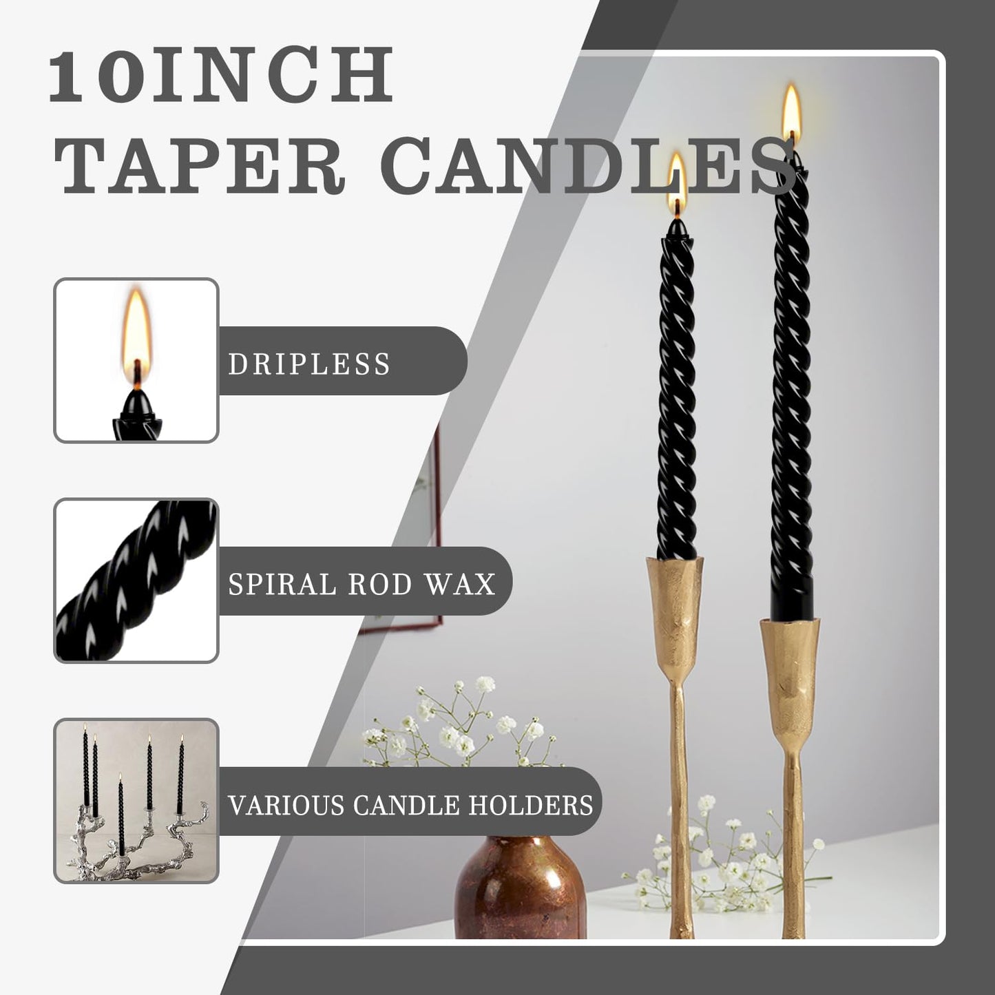 WPONSZU 10 Inch Black Spiral Taper Candle Set, 12 Pack Unscented Dripless Candlesticks for Halloween,Dinner,Party Brithday Wedding and Home Decoration