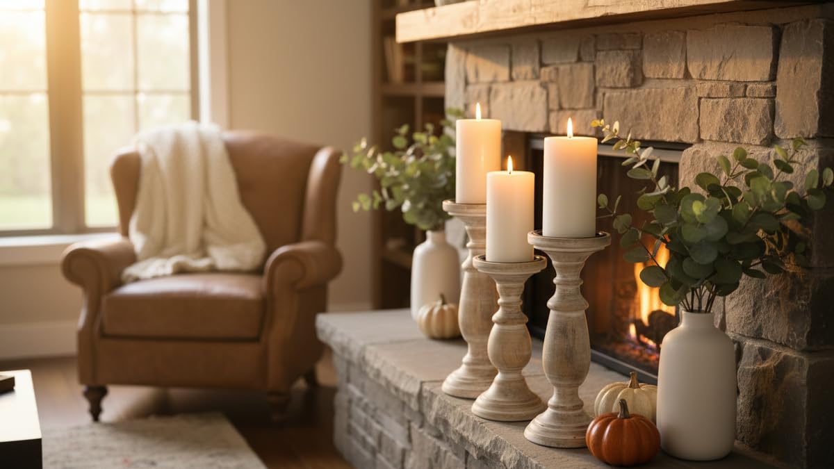 White WSH Candle Stands Wooden for Pillar Candles,Rounded Turned Colums, Sustainable Woods, Country Style Aromatherapy Candle Gardens Home décor - 6,8,10 Inch Set of 3