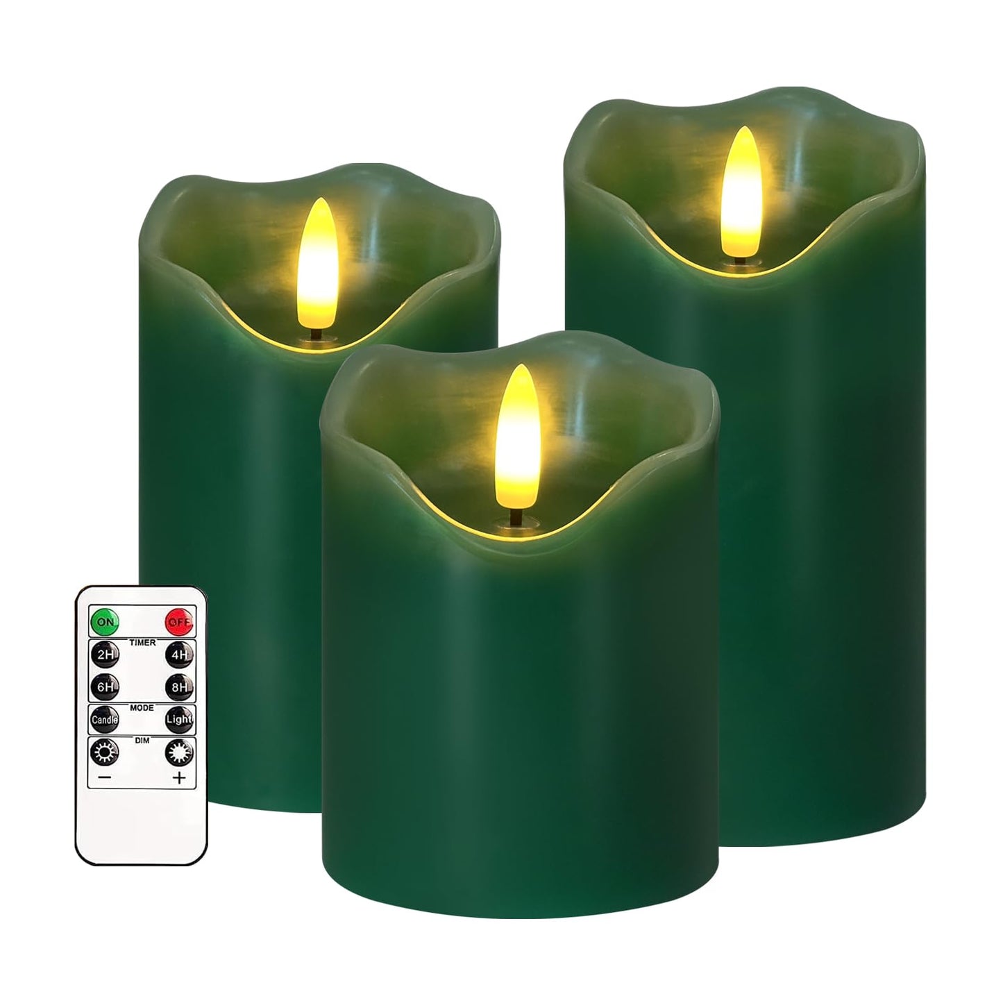 Flickering Flameless Candles, Set of 3 Green LED Candle Light with Remote & Timer, Battery Operated Electric Pillar Candle by Real Wax Dimmable Fake Candles for Home Falll Halloween Decor (Green)