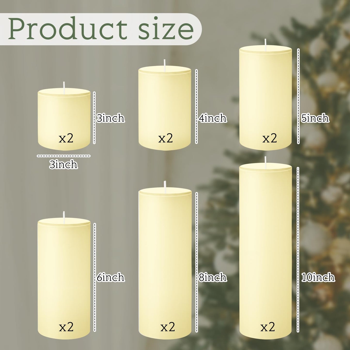 Shihanee 12 Pcs Pillar Candles 3 in x 3,4,5,6,8,10 Dripless Unscented Smokeless Candle Long Burning Decorative Rustic Candles with Cotton Wick for Wedding Home Fireplace (Ivory White)