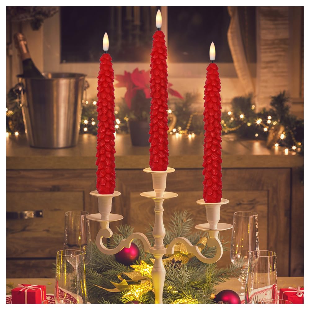 DRomance Christmas Tree Flameless Taper Candles Battery Operated with 10-Key Remote and Cycle Timer 4 Pack Real Wax 3D Wick Flickering LED Candlesticks Holiday Decor(Red, 0.79 x 9.9 Inch)