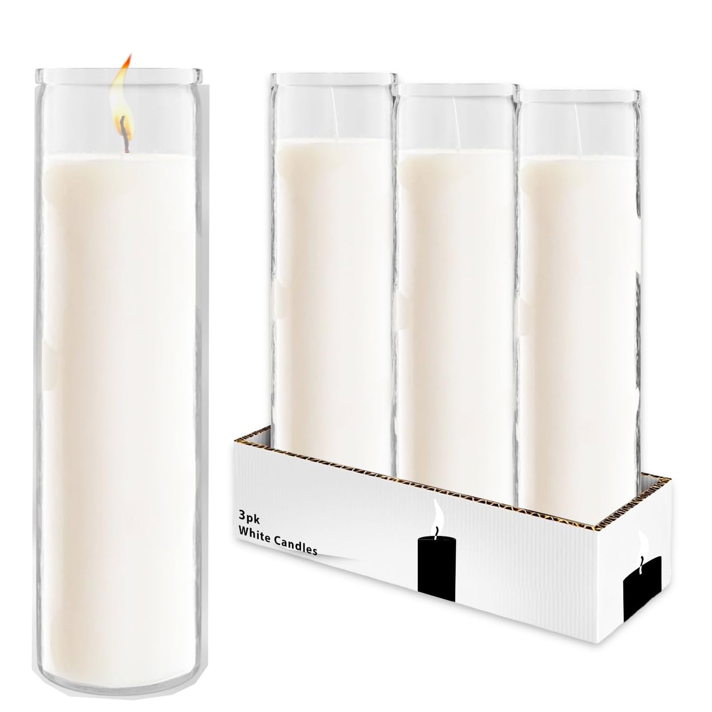 White 8" Prayer Glass Candles Set - Bundle with 3 White Prayer Candles for Vigils, Prayers, Cemetery, Blessing Ceremonies