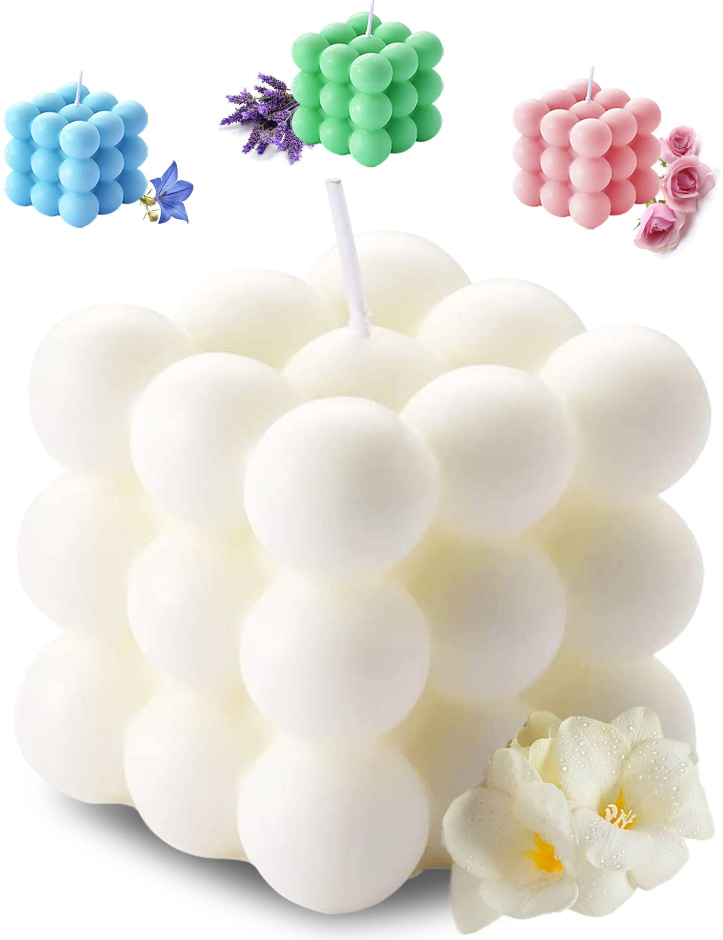 Aokala Scented Bubble Cube Candles for Home, Scented, 5.4 oz Soy Wax Aromatherapy Candle, Aesthetic Room Decor Cute Danish Pastel Large Decorative Shaped Candles Gifts - Freesia(White)