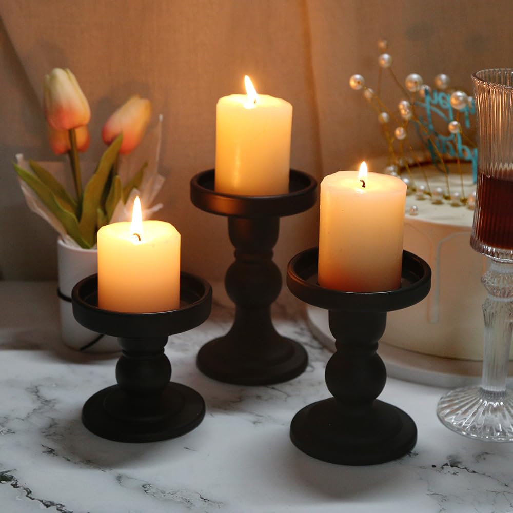 BTGLLAS 6-Piece Set of Black Glass Candlestick, Crystal Candlestick Holder Holder and Conical Candle, Christmas Candle Holder Decoration, Family Living Room Wedding Candle Holder (black2sets)