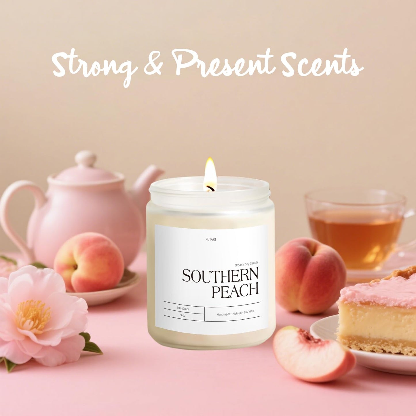 Putart Peach Scented Candles for Home, 9oz Natural Soy Wax Aromatherapy Organic Peach Candle for Stress Relief, Long Burning & Lasting Jar Candle Gifts for Halloween, Birthday, Christmas, Thanksgiving
