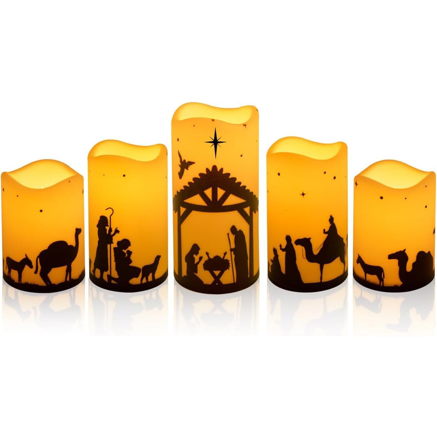 Glflickerow Christmas Nativity Scene Decorations Candle LED Flameless Candles with Timer for Xmas Holiday Home Decor Supplies Set of 5 (Beige)