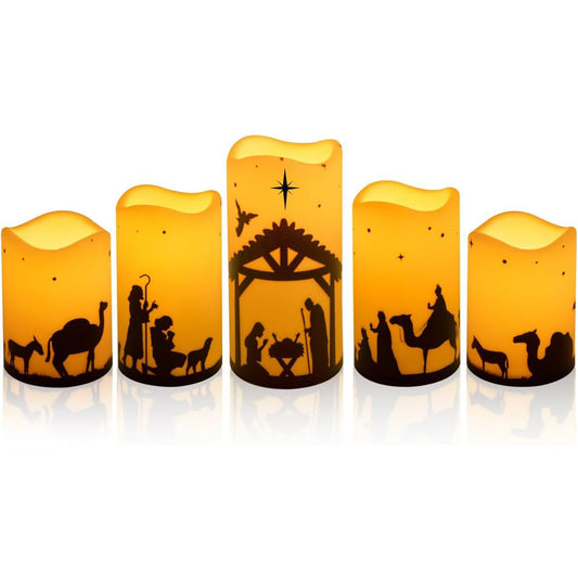 Glflickerow Christmas Nativity Scene Decorations Candle LED Flameless Candles with Timer for Xmas Holiday Home Decor Supplies Set of 5 (Beige)