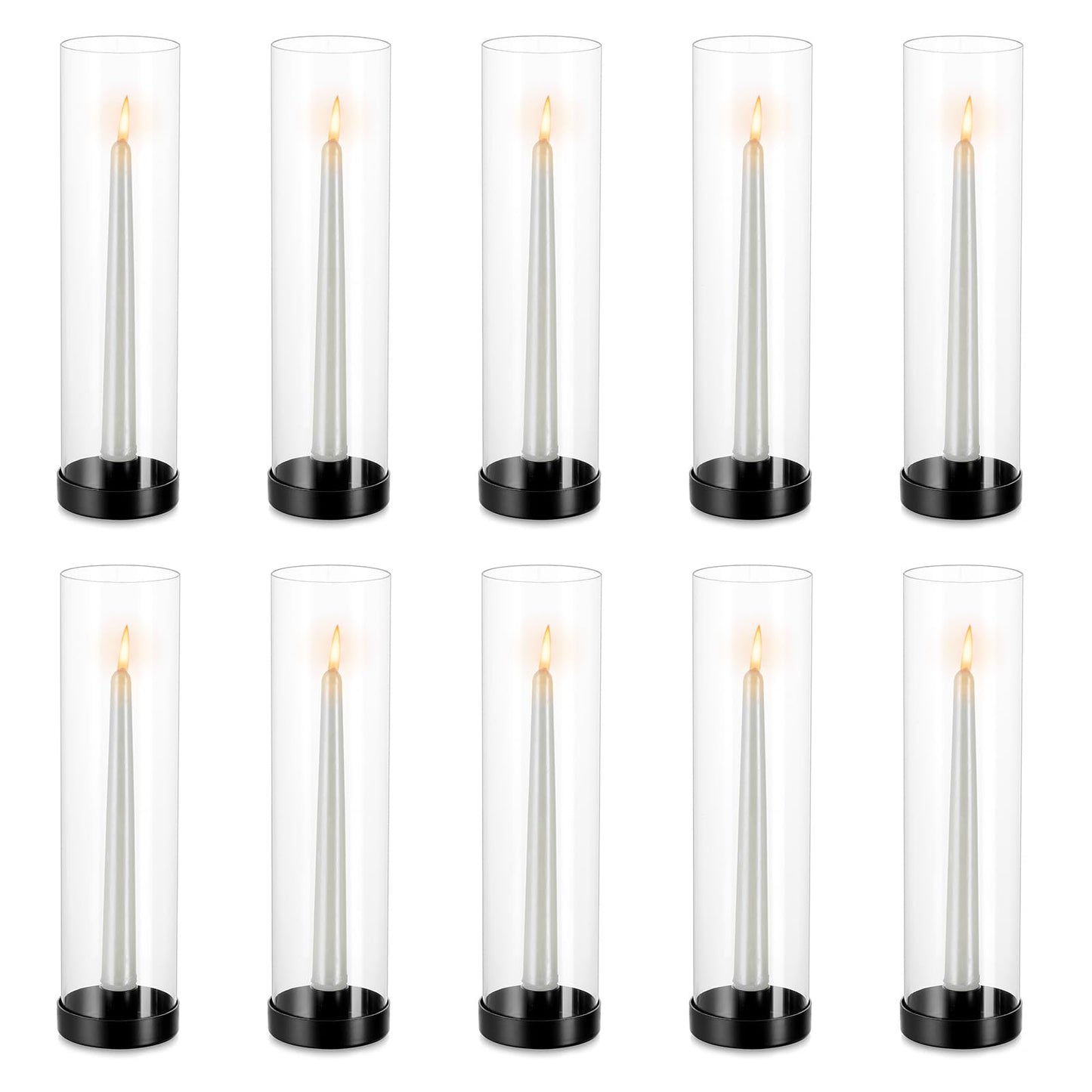 NUPTIO Black Taper Candle Holders: 10 Pcs Bulk 11.81 inch Tall Hurricane Glass Candlestick Tapered Holder Windproof Modern Clear Candles Stand for Outdoor & Indoor Wedding Party Holiday Centerpiece