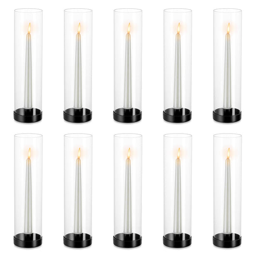 NUPTIO Black Taper Candle Holders: 10 Pcs Bulk 11.81 inch Tall Hurricane Glass Candlestick Tapered Holder Windproof Modern Clear Candles Stand for Outdoor & Indoor Wedding Party Holiday Centerpiece