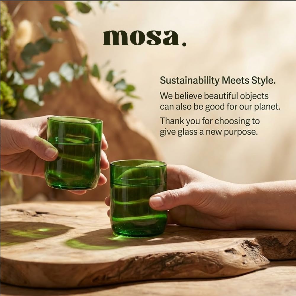 Mosa Wine Bottle Drinking Glasses (230ml, 7.7oz, Set of 2) – Upcycled Stemless Glassware for Wine, Cocktails & Everyday Use | Eco-Friendly Sustainable Drinking Glasses (Green)