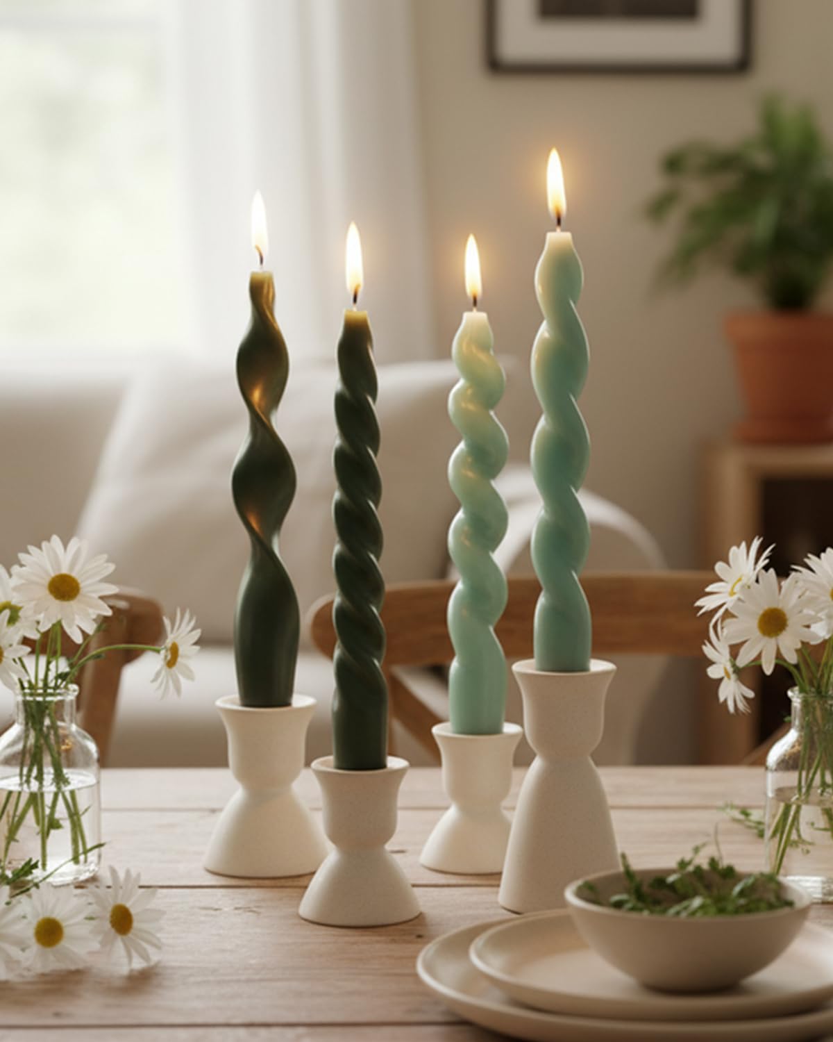 Green Taper Candle Stick Spiral Taper Candle for Wedding Party Decoration Home Dinner Decoration Unscented Candles,7.6inch,4 Pack