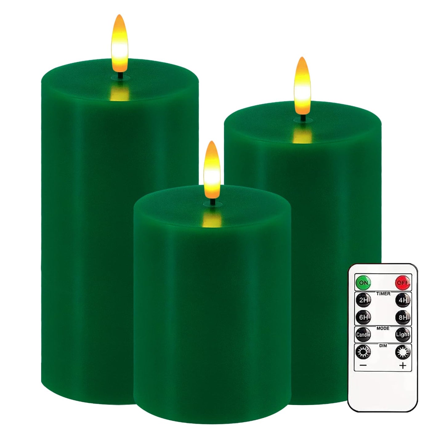 Green Flameless Candles, Set of 3 Flickering LED Candles with Remote & Timer, Dimmable Real Wax Electric Pillar Candles Battery Operated, Candles Light for Home St. Patrick's Christmas Decor (Green)