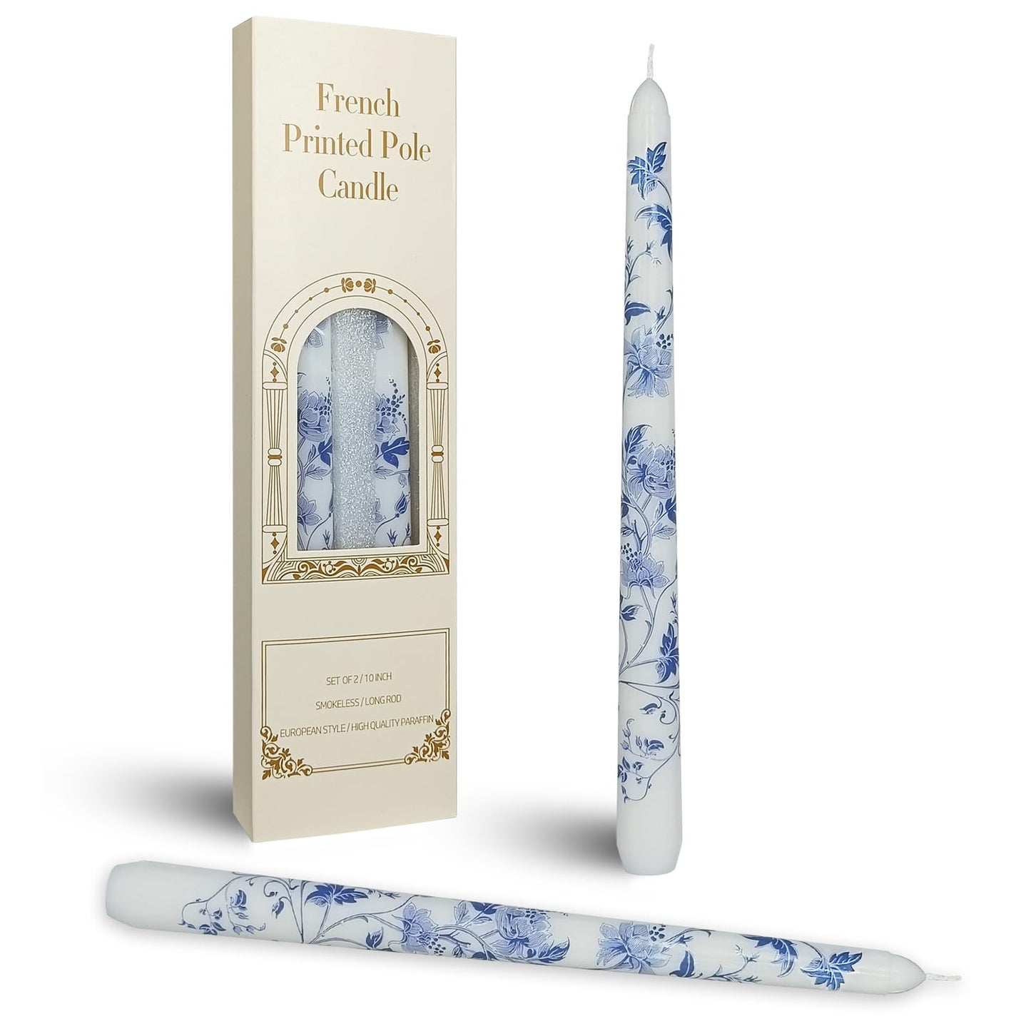 Chinoiserie Printed Taper Candle White with Water Lily Floral Candlesticks 10 Inch Drip Handmade Long Tapered Candles, Set of 2 for Wedding & Home Decor