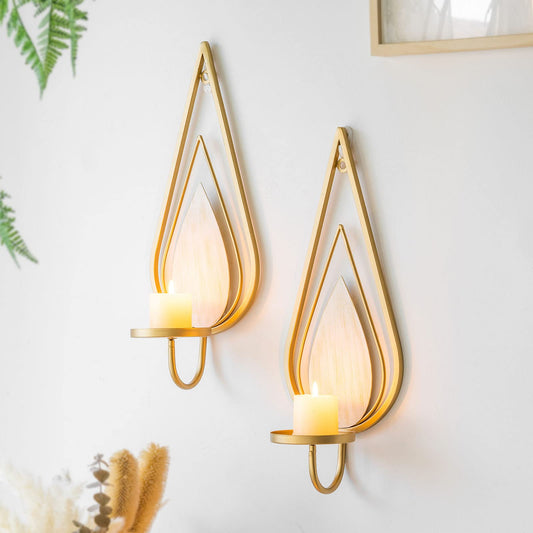 ZOOYOO Gold Wall Sconce Candle Holders Set of 2 - Metal Raindrop Hanging Iron Candle Sconces for Home Decor, Bedroom, Living Room (Gold, Modern)