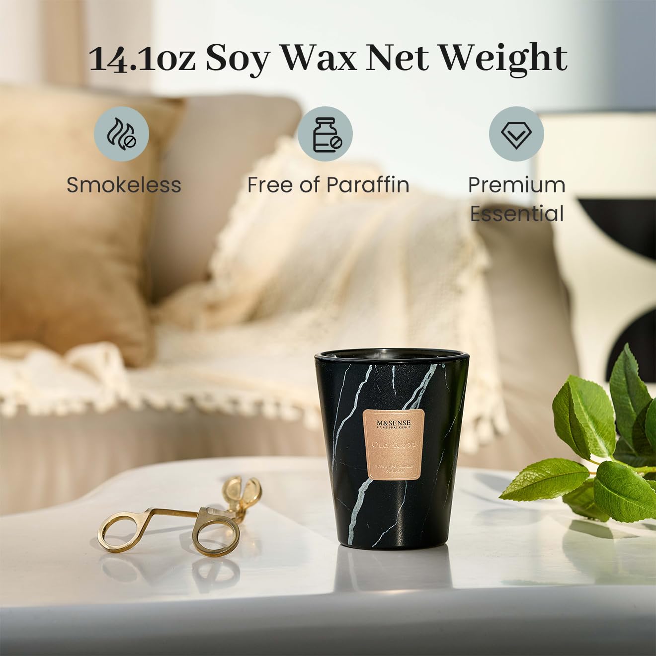 M&SENSE Oud Wood Scented Soy Candle, 3 Wick Highly Scented 14.1 Oz 75H, Aromatherapy Christmas Gift for Women and Men