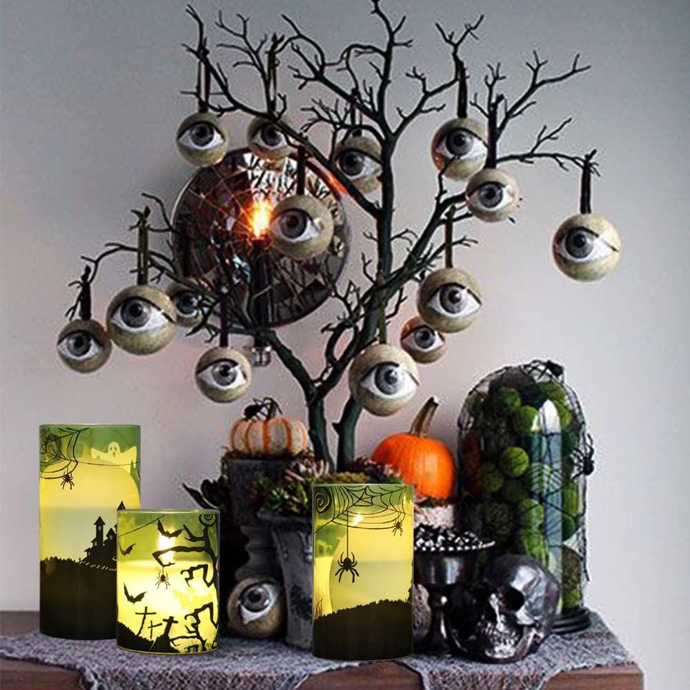 GenSwin Halloween Candles Flameless with Remote Timer, Flameless Candles with Spider Web, Ghost, Castle Decals, 3 Pack Green Glass Battery Operated Candles with 3D Flickering Flame for Fall Decor