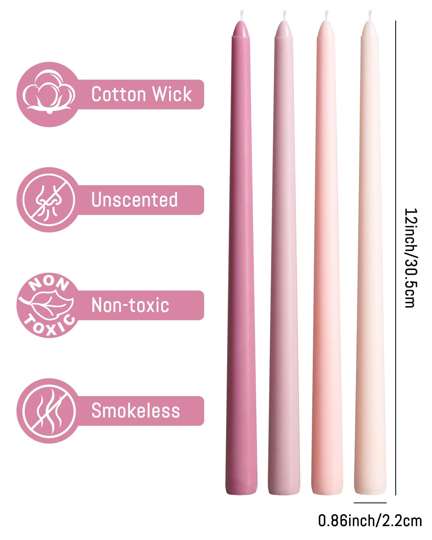 Viyffo 12 Inch Taper Candles Pink with a Purple Hue Set of 4 Unscented Smokeless Long Tall Tapered Candle for Candlesticks Sticks Wedding Advent Home Decor Dinner Christmas