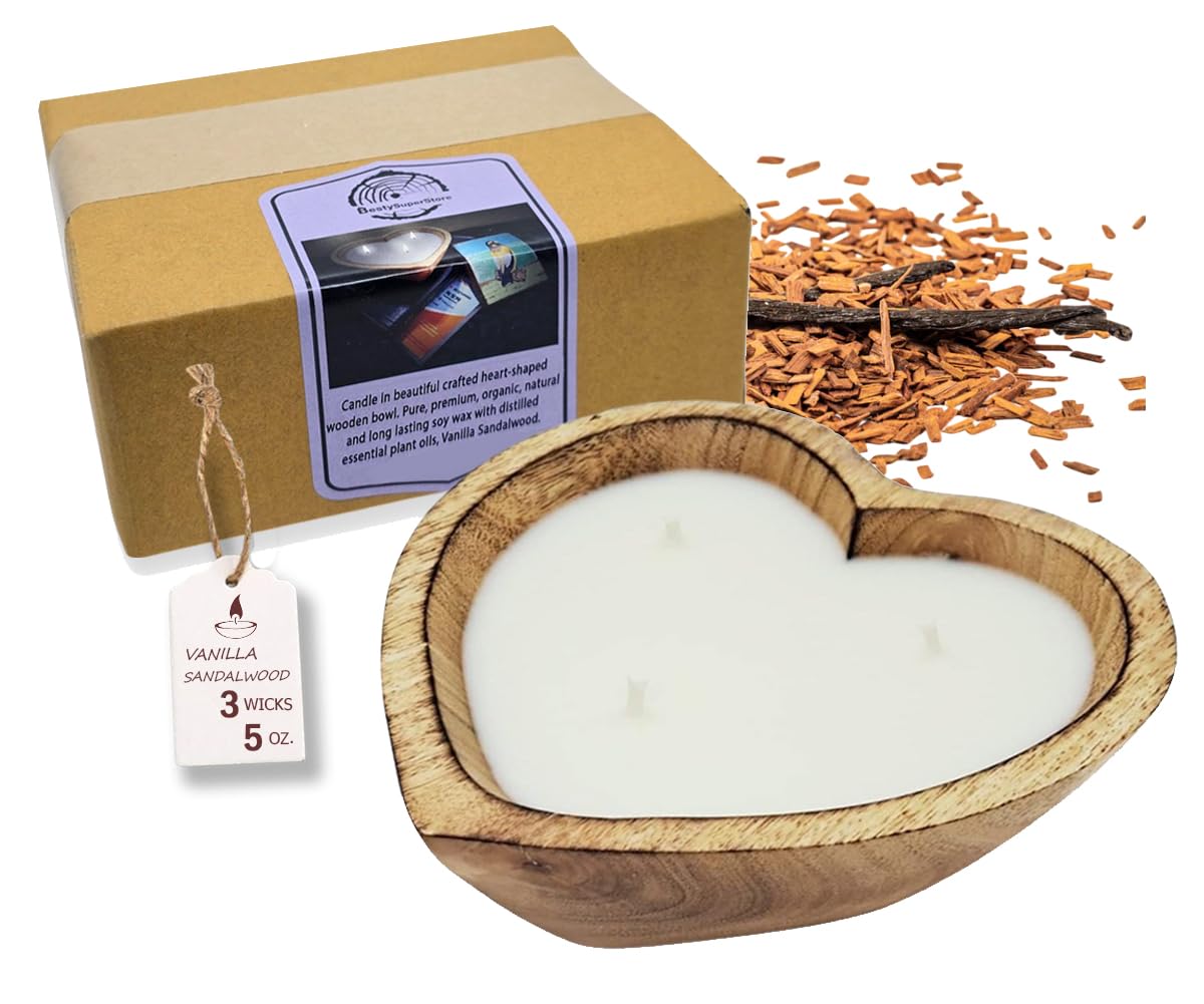 BestySuperStore 6” Heart Shaped Wooden Bowl Vanilla Sandalwood Scented Soy Wax Candle - 3 Wicks 5 oz Decorative Dough Bowls Candles for Anniversary Engagement Wedding Birthday Valentine Christmas Gift