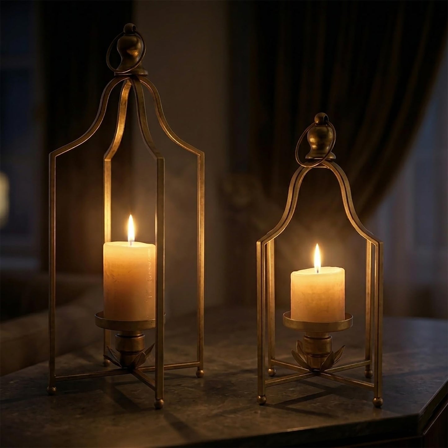 12.5" & 16.5" Timeless Cozy Decorative Lanterns Set of 2, Handcrafted Metal Iron Candle Holders, Farmhouse Elegance Fireplace Mantel Table Festive Gatherings Decor (Antique Gold)