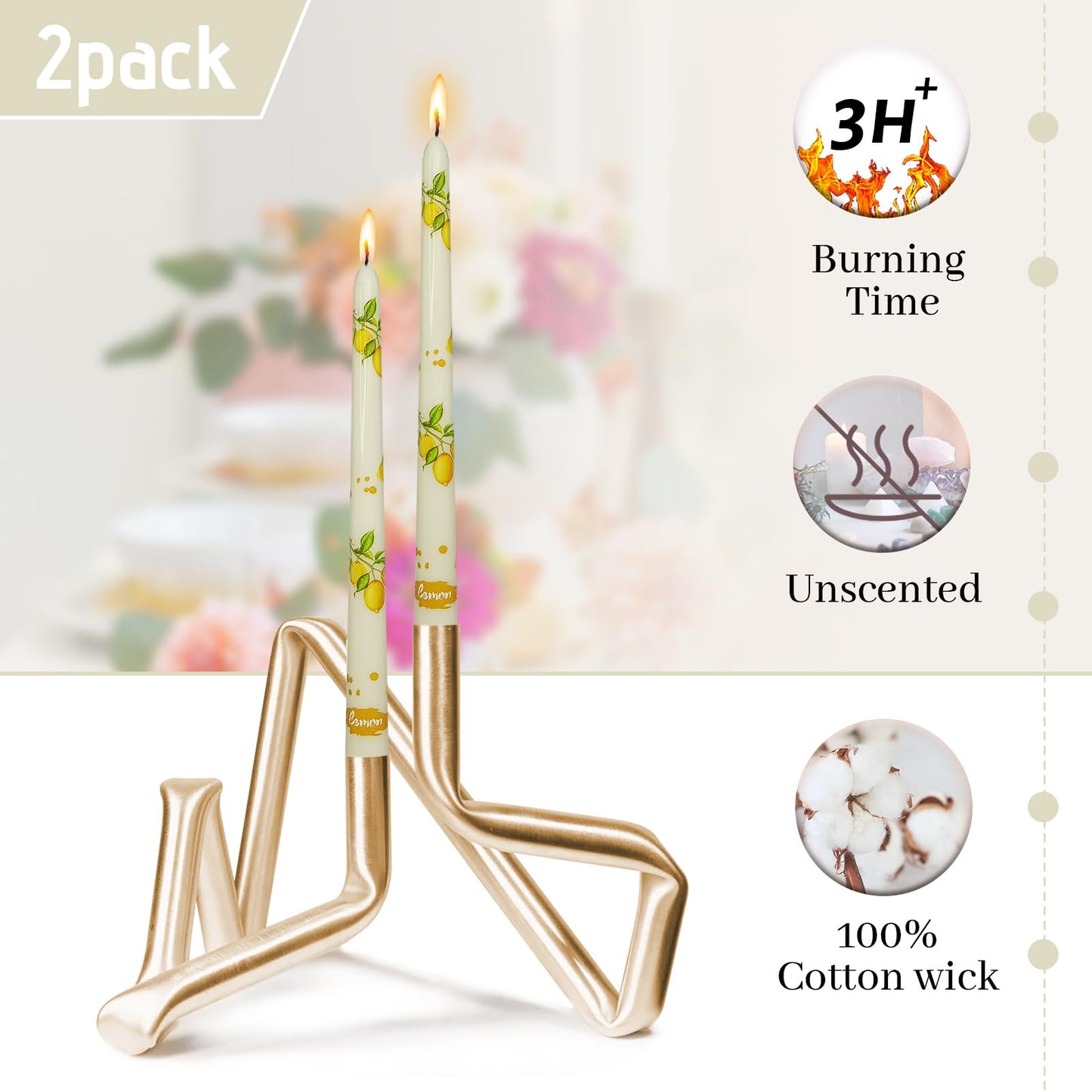 Summer Floral Taper Candle - Baleagcdl Ivory with Lemon Prints Candlesticks Handmade Long Tapered Candles 10 Inch Drip Candle for Home Holiday Decor Gifts Set of 2