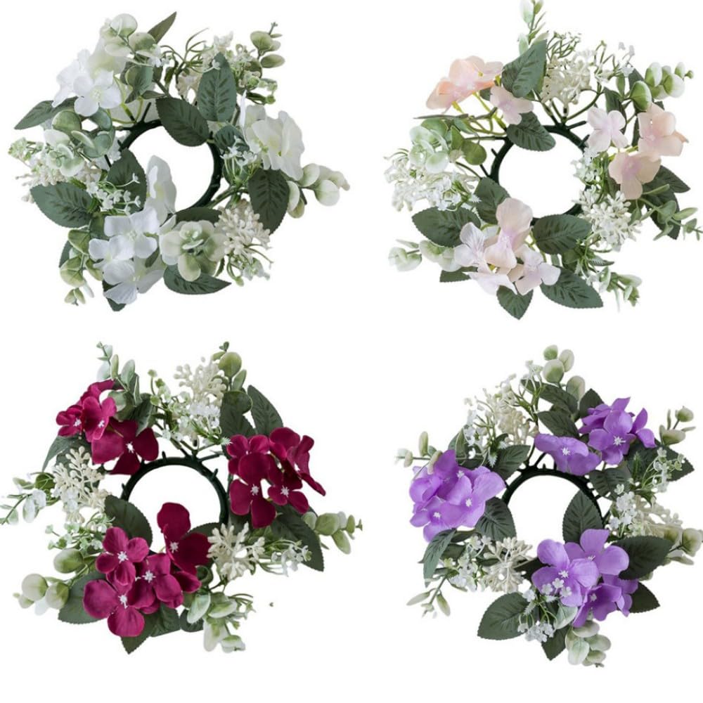 2 Pack Candle Rings Artificial Hydrangea Eucalyptus Leaves Wreaths Small Boho Wreath Pillar Candle Holder for Easter Wedding Home Door Tabletop Decoration (Pink)