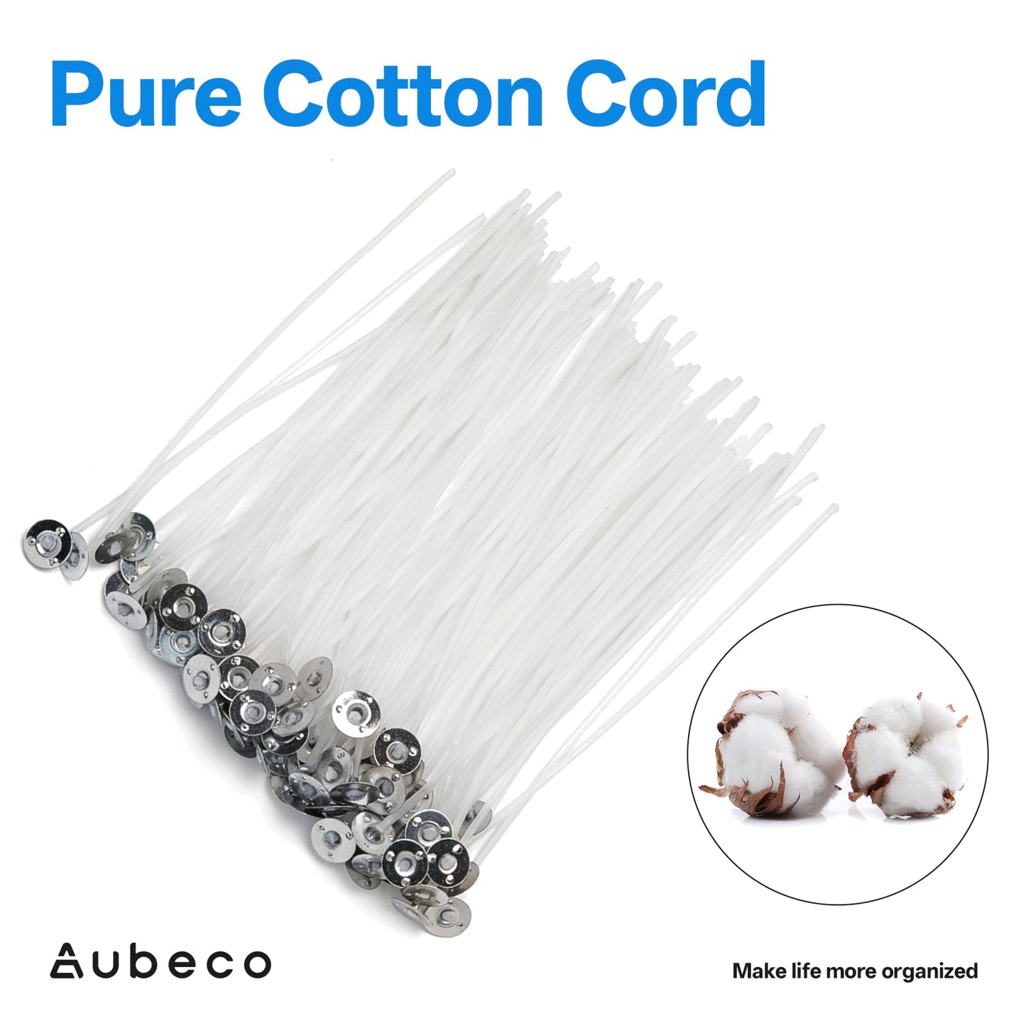 Aubeco 300Pcs Candle Wick, Low Smoke 8 Inch Pre-Waxed Cotton Wick with Tabs, Natural Cotton Core for Candle Making, Soy Candle DIY
