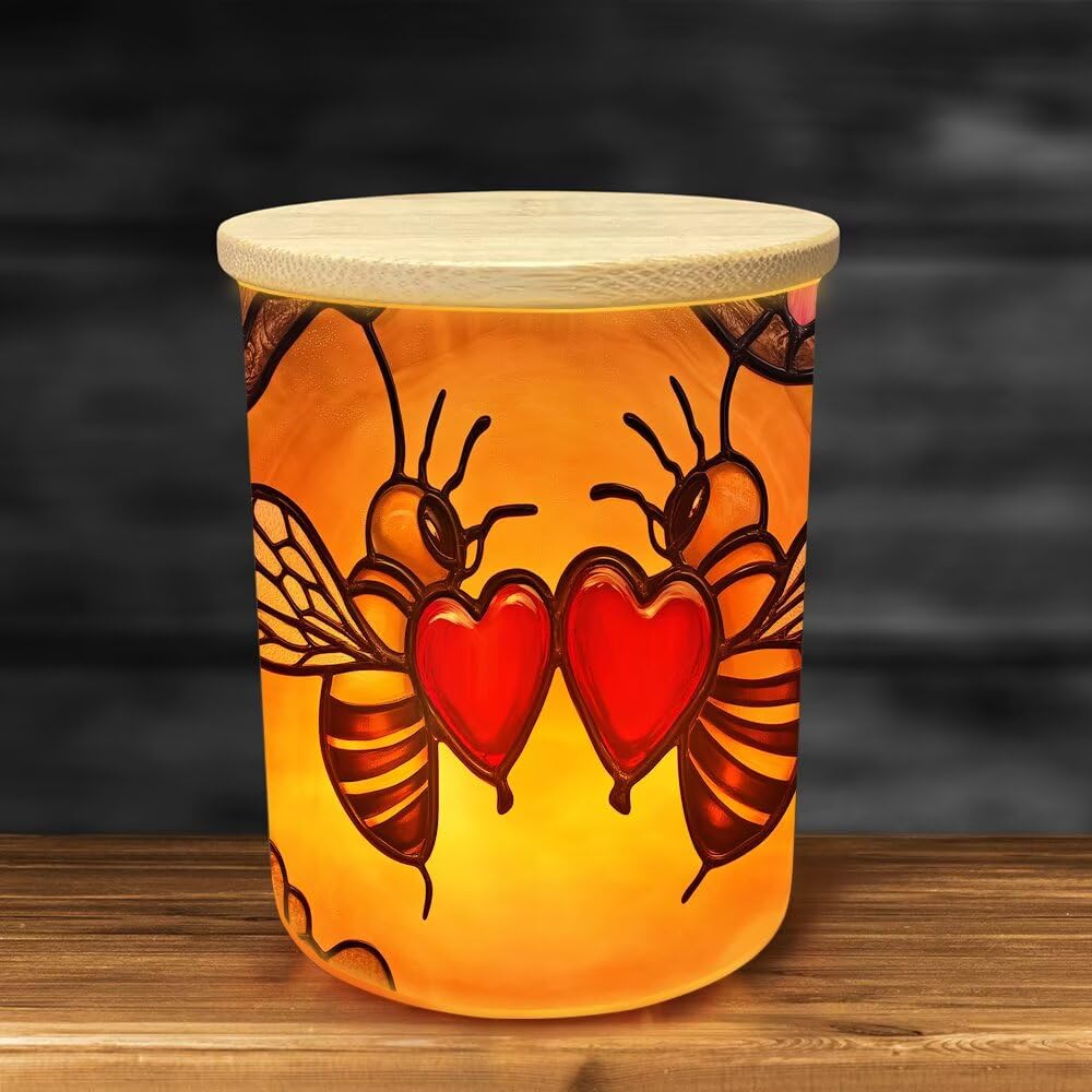 Stained Glass Farmhouse Bees Tea Light Candle Holders, Hearts Tealight Candle Holder Jar with Wooden Lid, Floral Votive Candlesticks for Table Centerpieces, Christmas,Birthday Party