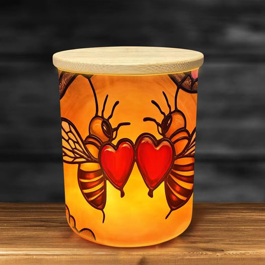 Stained Glass Farmhouse Bees Tea Light Candle Holders, Hearts Tealight Candle Holder Jar with Wooden Lid, Floral Votive Candlesticks for Table Centerpieces, Christmas,Birthday Party