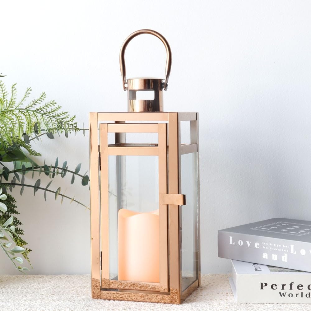 Candlestick Holders Stainless Steel Candle Holder Lanterns Rose Gold Hanging Lantern Candlestick Light for Indoor Outdoor Weddings Party Home Decor Candle Holders