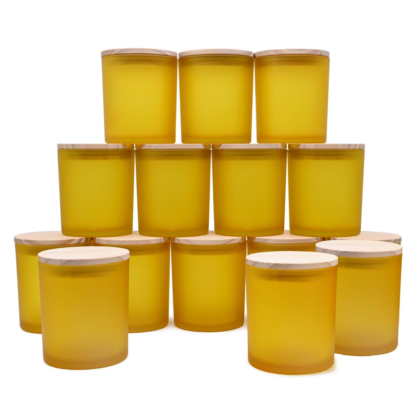 SHOWIN 10 OZ Thick Candle Jars for Making Candles 15 Pcs, Empty Jars with Wood Lids for Candle Making, Sample Container, Frosted Yellow