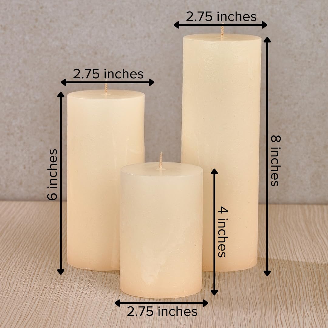 Simply Soson 3x4, 3x6, 3x8 inch Ivory Pillar Candles, Set of 3 Pillar Candles, Rustic Texture, Unscented Ivory Candles, Dripless Candles, Ideal as Wedding, Parties, Spa, Dinner, Home Decor, Church