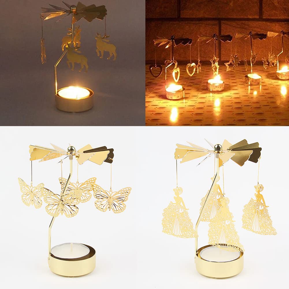 Eforcase Rotary Candle Holder, Gold Bicycle Boy Girl Tea Lights Candle Holder, Spinning Romantic Candlestick Ornament for Wedding Party Christmas Home Decoration