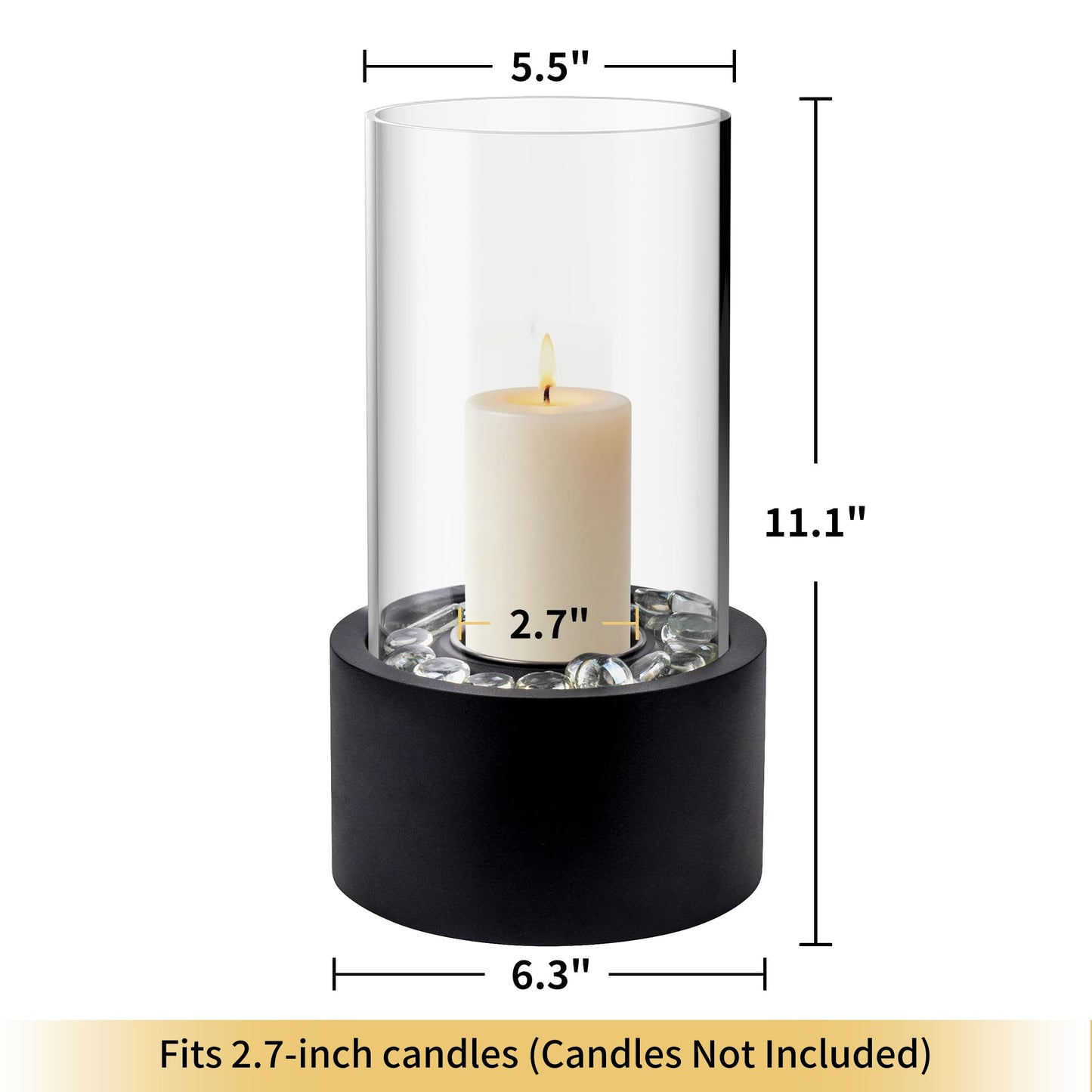 Rixordd Black Hurricane Candle Holder with Round Metal Tray – Clear Glass Cylinder Lantern, Multi-Purpose Decorative Centerpiece for Candles, Flowers, Wedding, Christmas & Home Decor (w/o Candle)