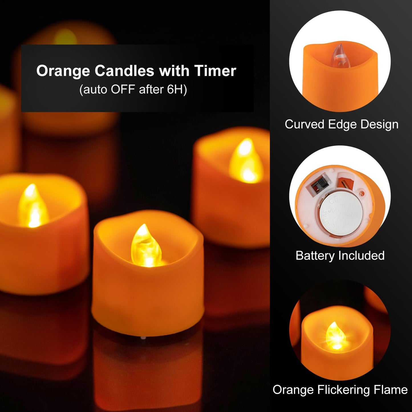 Windshell Orange Tealight Candles with Auto 6H Timer (No Remote), Battery Operated LED Flameless Tea Lights, for Halloween Thanksgiving Party, 12 Pack