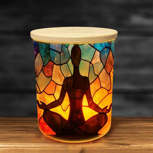 Stained Glass Meditation Pattern Tea Light Candle Holders, Mosaic Yoga Tealight Candle Holder Jar with Wooden Lid, Colorful Votive Candlesticks for Art Home Gym Exercise Bedroom Home Decor