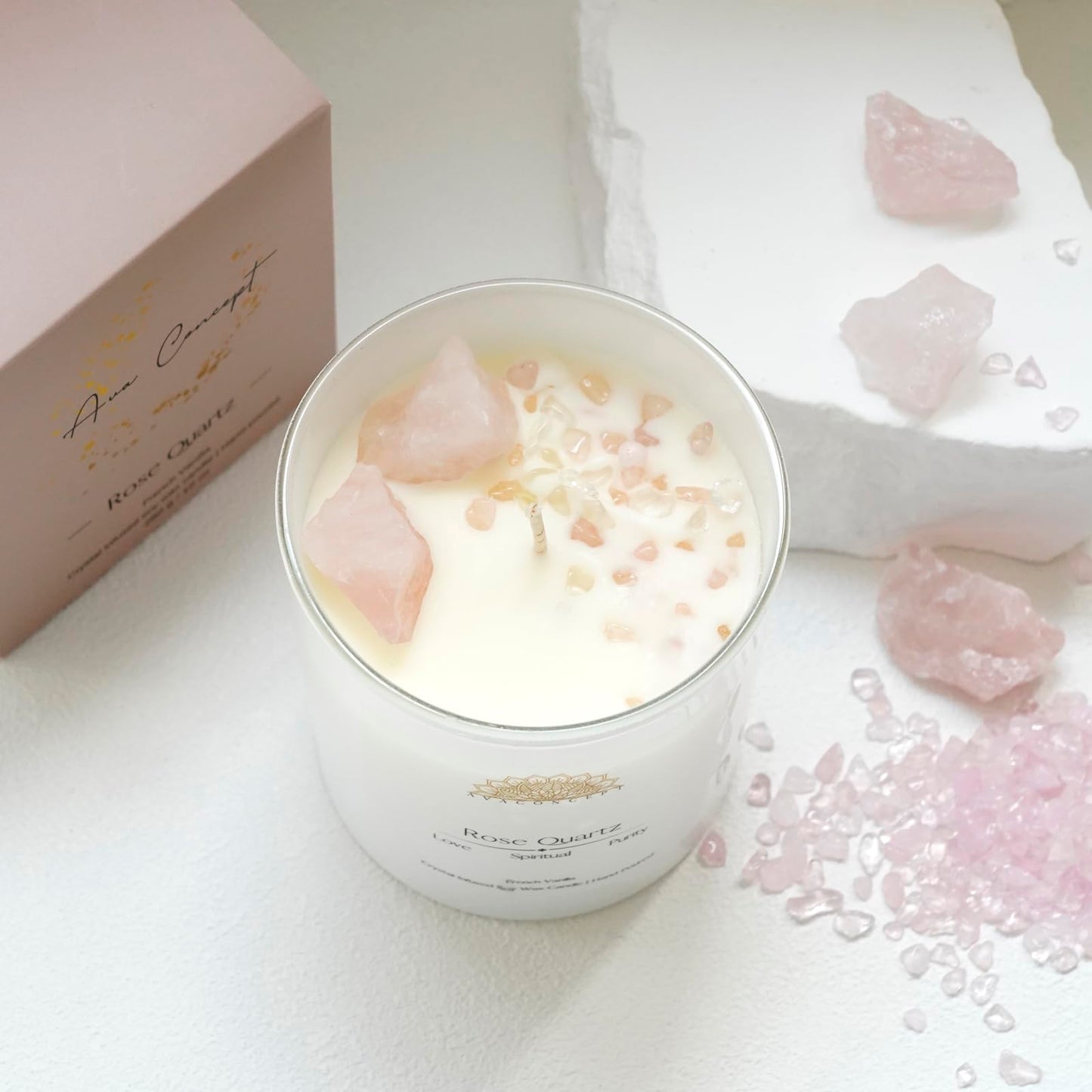 Ava Concept Rose Quartz Crystal Candle – 10oz / 280g | French Vanilla Aromatherapy | Hand-Poured Soy Wax | Genuine Rose Quartz Healing Crystals Embedded | Love, Spiritual & Purity | Gift Box Included