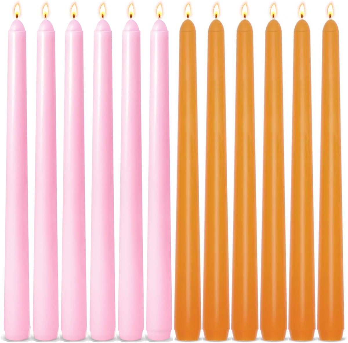 6-Pack Orange and 6-Pack Pink Taper Candles, 10 Inch Unscented Dripless Candlesticks, Long-Lasting Burn Time of 7-8 Hours, Perfect for Home Décor Dinner Party