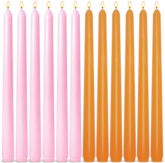 6-Pack Orange and 6-Pack Pink Taper Candles, 10 Inch Unscented Dripless Candlesticks, Long-Lasting Burn Time of 7-8 Hours, Perfect for Home Décor Dinner Party