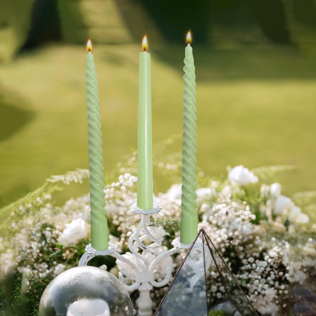 6 Pack Sage-Green Taper Candles and 6 Pack Spiral Candles Set, 10 Inch Elegant Dripless Unscented Candlesticks for Spring St. Patrick's Day Christmas Dinners Parties and Home Decor