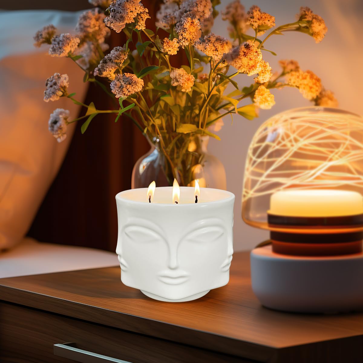 Outdoor Decorative White Large Citronella Candle, 20oz, Ceramic, 3 Wick Scented Candles, 100% Soy, for Patio Decor, Outside Table Decor, Camping Accessories