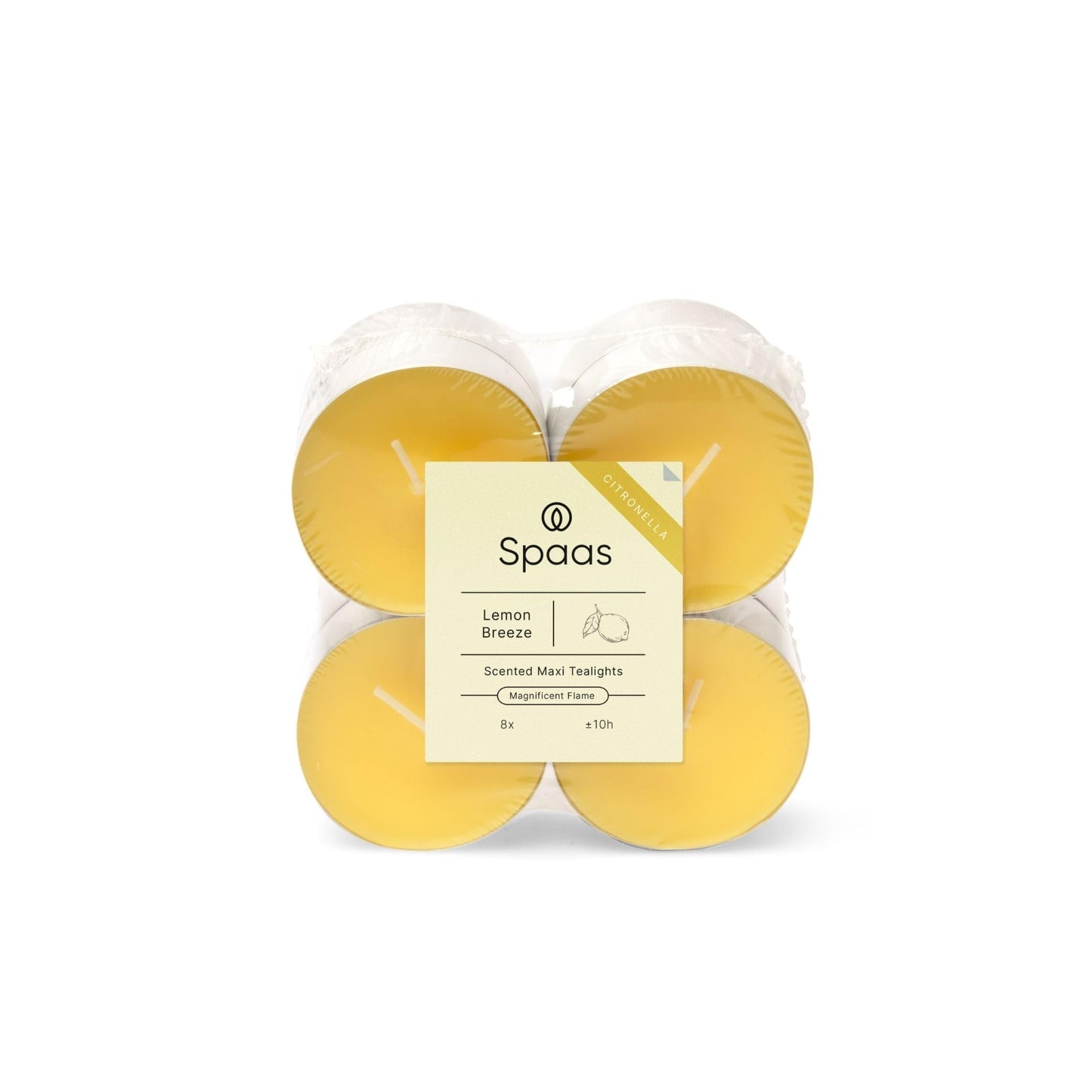 Spaas 8 x 8 Citronella Maxi Tealights, ± 10 Hours, Light Yellow, Lemon Breeze