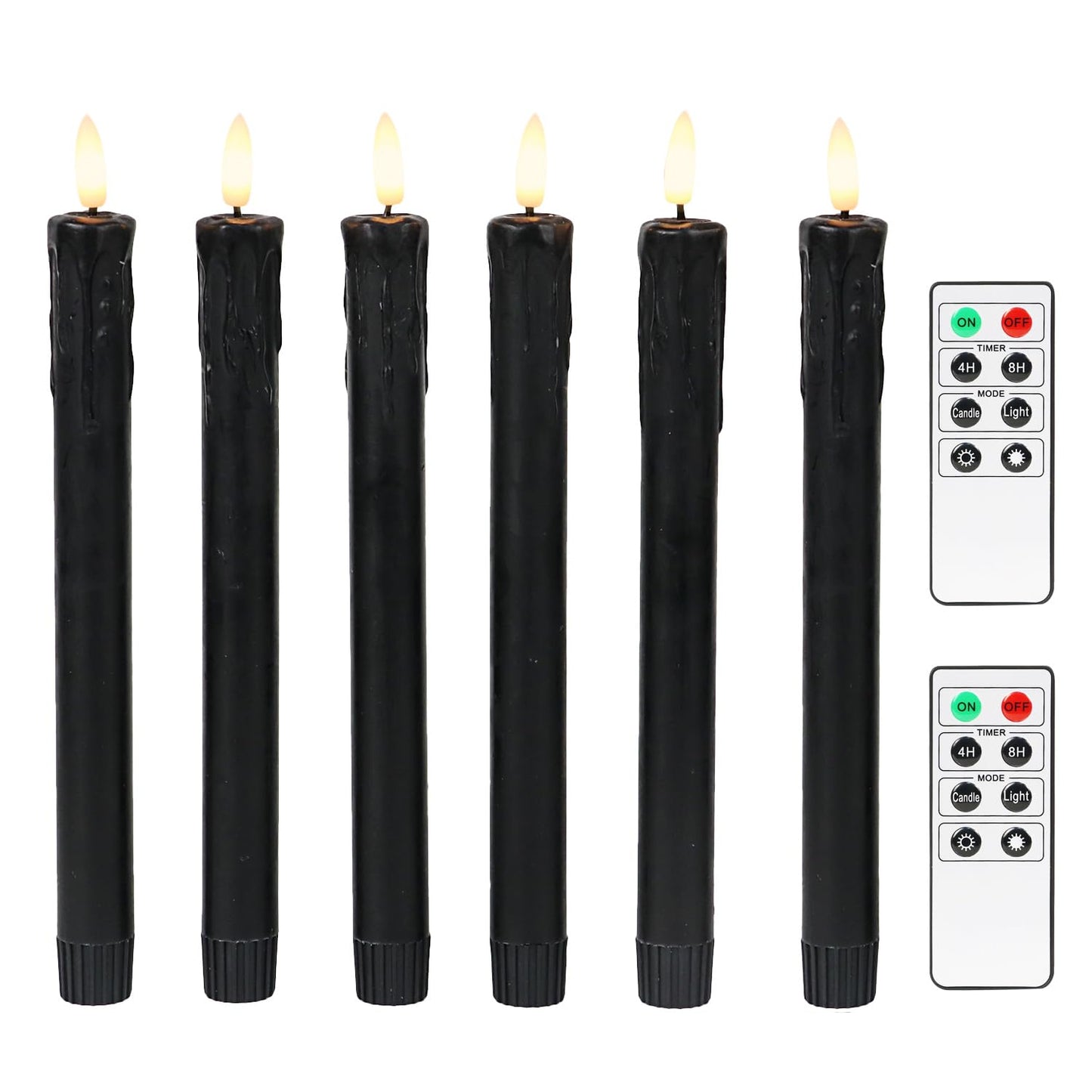 Fanna Black Flameless Taper Candles for Halloween with 2 Remotes, Real Wax Battery Operated Candles with Timer, Warm White Light, 10" Set of 6
