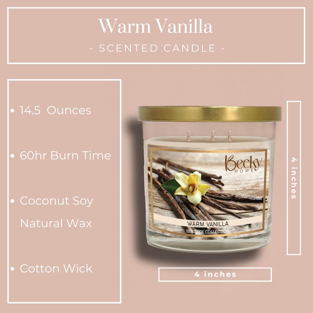 Becky Home Warm Vanilla 3 Wick Candle, 14.5oz, Large, Traditional, White, Glass Jar, 4" H x 4" D, 60+ Hour Burn Time, Indoor Use, 1 Count