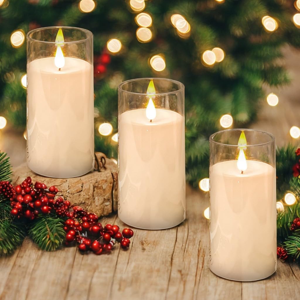 NICEME Flickering Flameless Candles with Remote Control Timer Unbreakable Acrylic Battery Operated LED Candles with Flickering Flame 3D Wick for Romantic Ambience Home Decor Set of 3, D3” xH6”