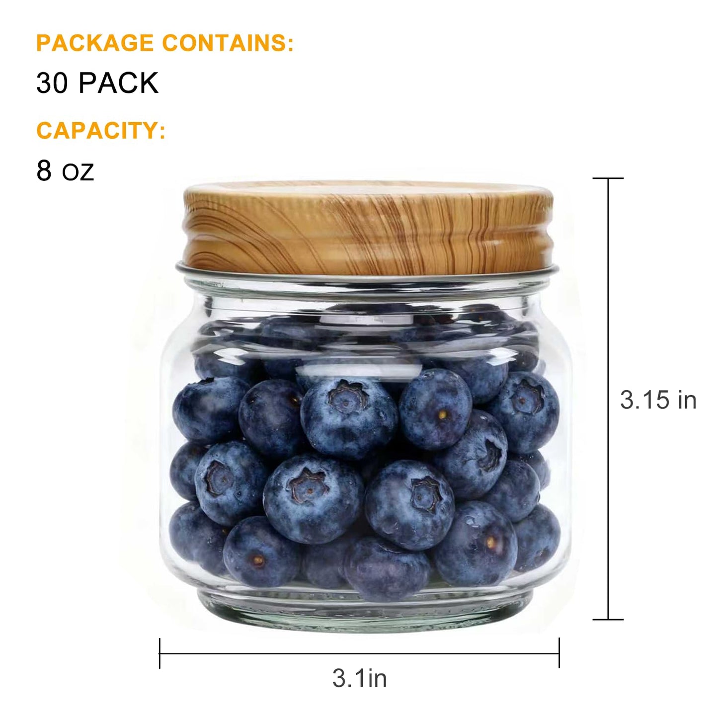 Accguan Mason Jars, glass jar 8OZ With Regular Lids(Wood Grain Iron Lid), Ideal for Jam, Honey, Wedding Favors, Shower Favors, 30 PACK