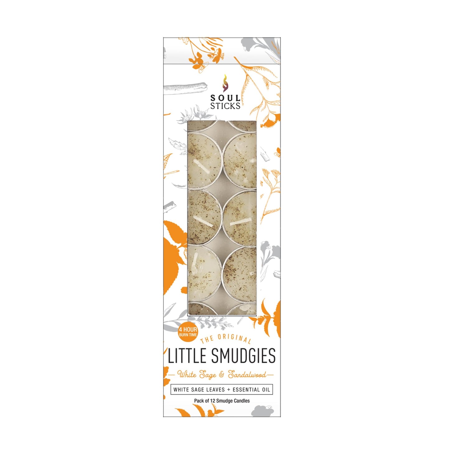 SOUL STICKS 12 Pack Little Smudgies Tealight Candles Smudge Candle for Cleansing House, Meditation, Chakra Healing | Made with Crystals and Herbs (White Sage & Sandalwood)