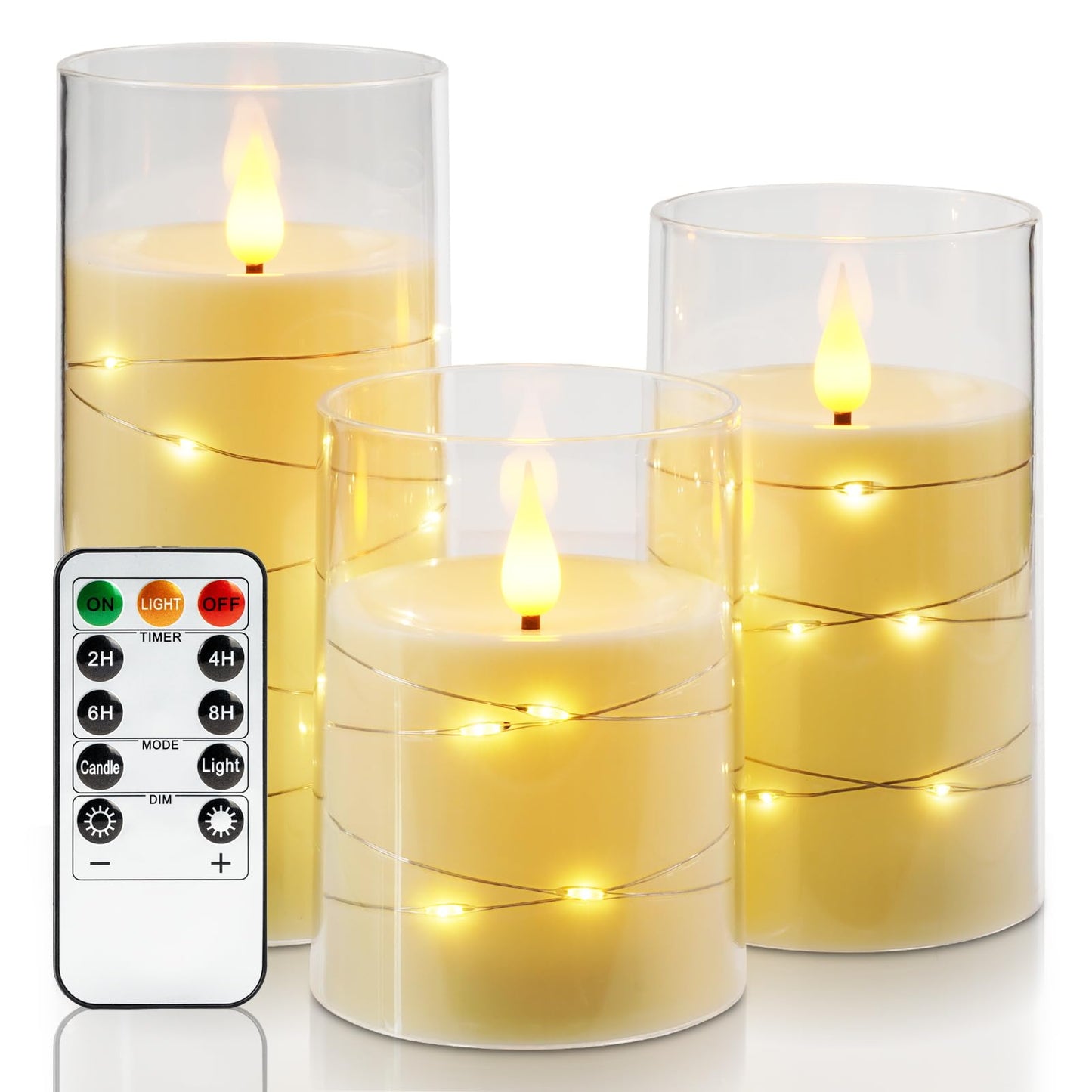 Amagic LED Flameless Candles, Battery Operated Candles with Embedded Fairy Lights, Acrylic Fake Candles with Remote and Timer for Wedding Home Decor, Ivory White, Set of 3, D3 x H4 5" 6"